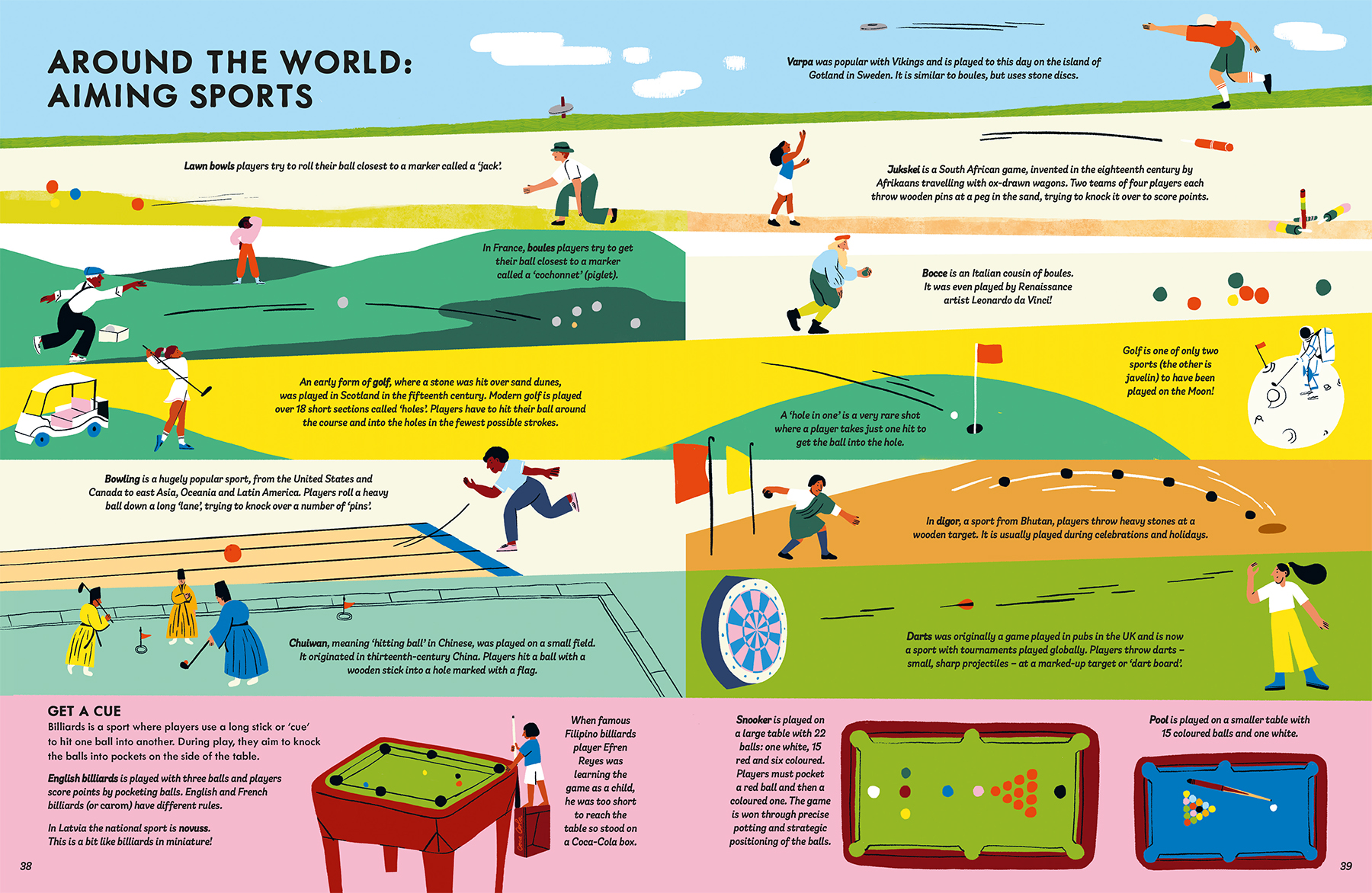 world-of-sport-non-fiction-book-illustration-aiming-varpa-jukskei-lawn-bowls-boules-bocce-golf-digor-chuiwan-darts-billiards-pool-snooker-violeta-noy