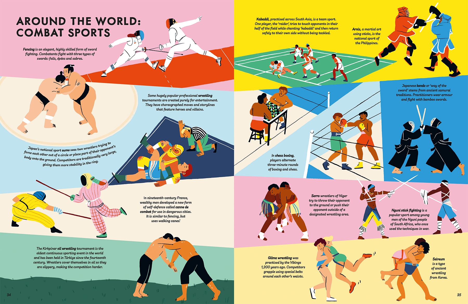 world-of-sport-non-fiction-book-illustration-sorro-nguni-stick-fighting-gilma-ssireum-kendo-arnis-kabaddi-canne-de-combat-wrestling-sumo-fencing-violeta-noy