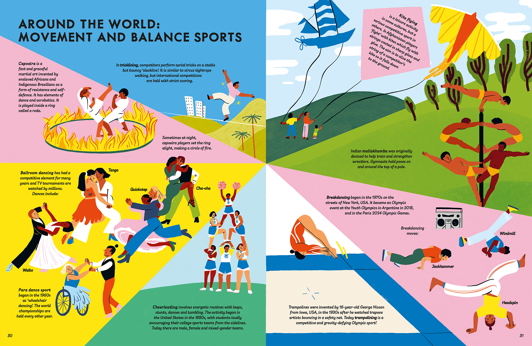world-of-sport-non-fiction-book-illustration-tricklining-dance-tango-cheerleading-kite-mallakhamba-breakdancing-trampoline-violeta-noy