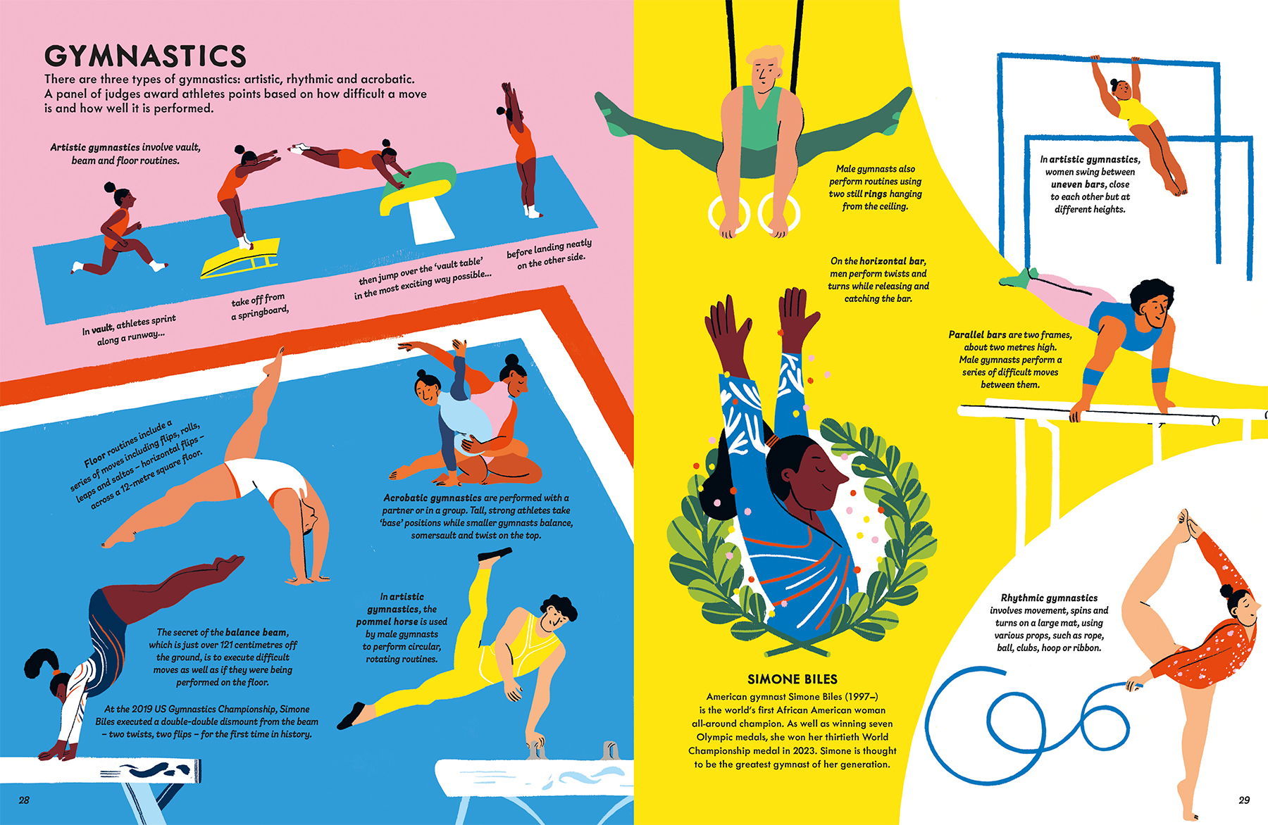 world-of-sports-non-fiction-book-illustration-gymnastics-acrobatic-rhythmic-artistic-vault-simone-biles-violeta-noy
