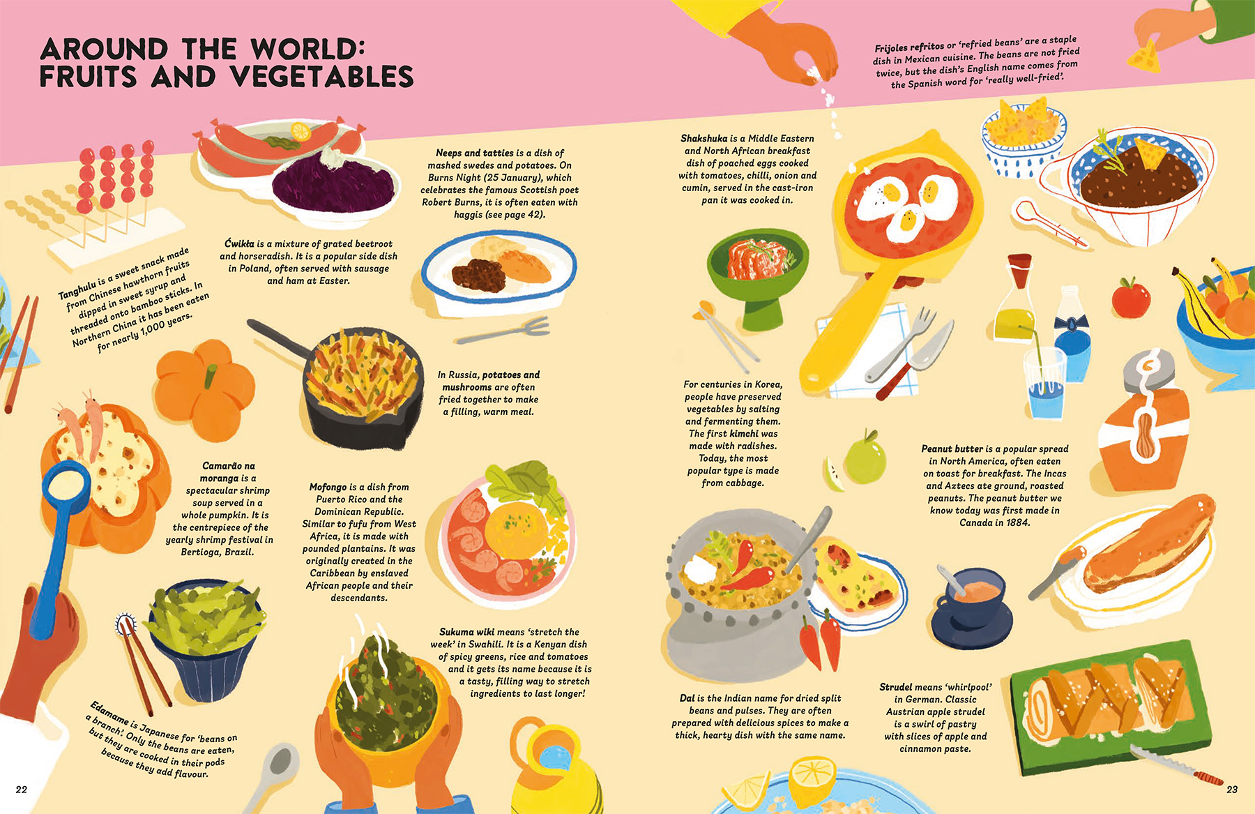 world-of-food-non-fiction-book-illustration-fruits-vegetables-shakshuka-dal-camarao-na-moranga-tanghulu-cwikta-kimchi-strudel-sukuma-wiki-violeta-noy