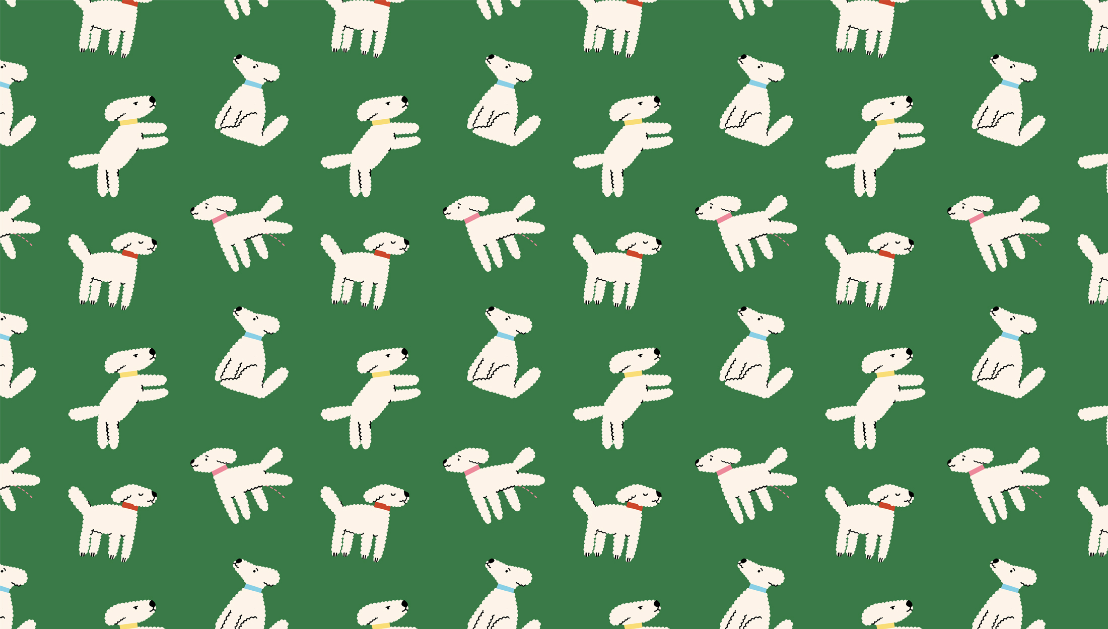 Dog pattern illustration, with a green background. One dog is jumping, one is sitting, one is sniffing and the last one is peeing.