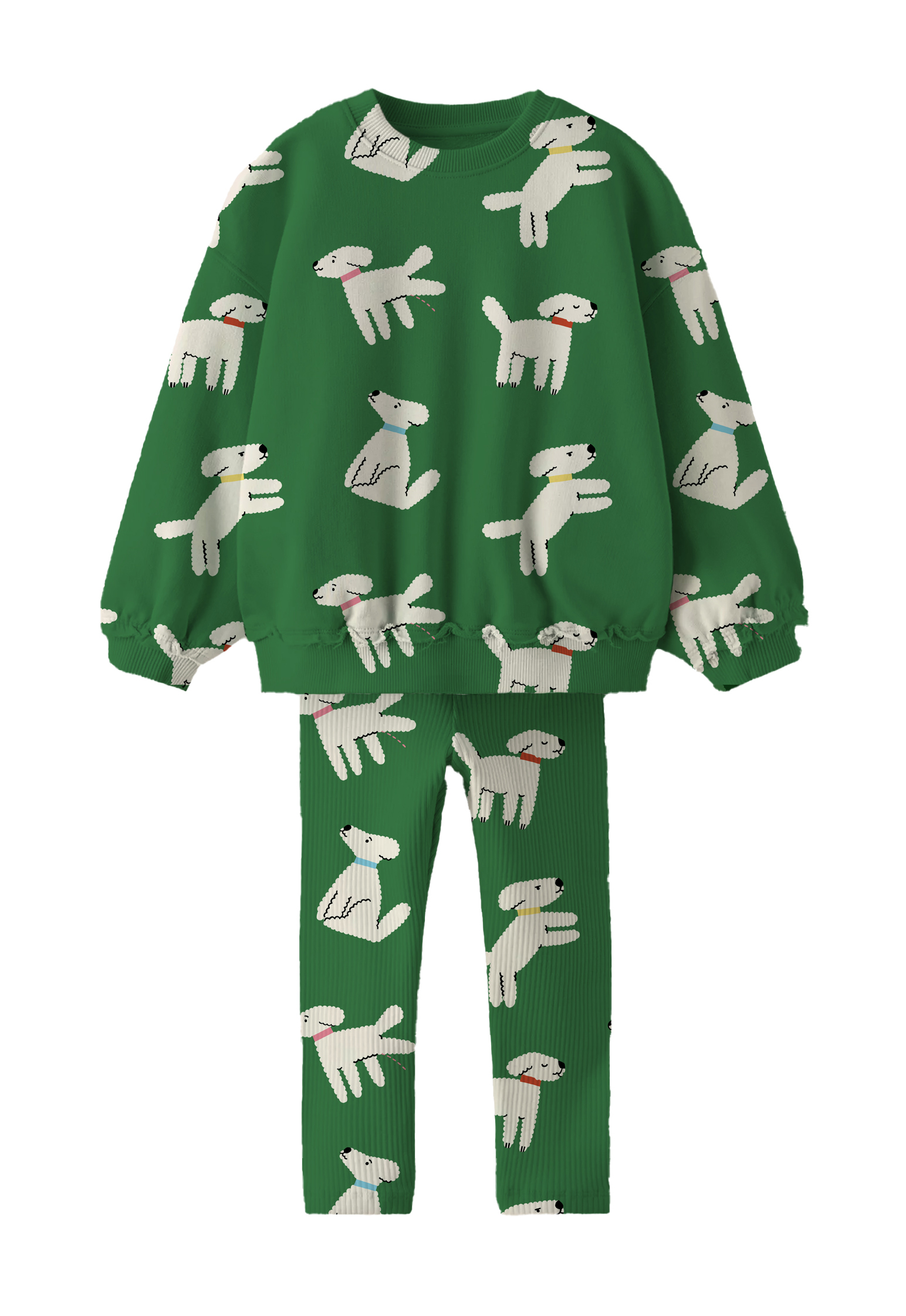 Children's outfit made with a dog pattern illustration, with a green background.