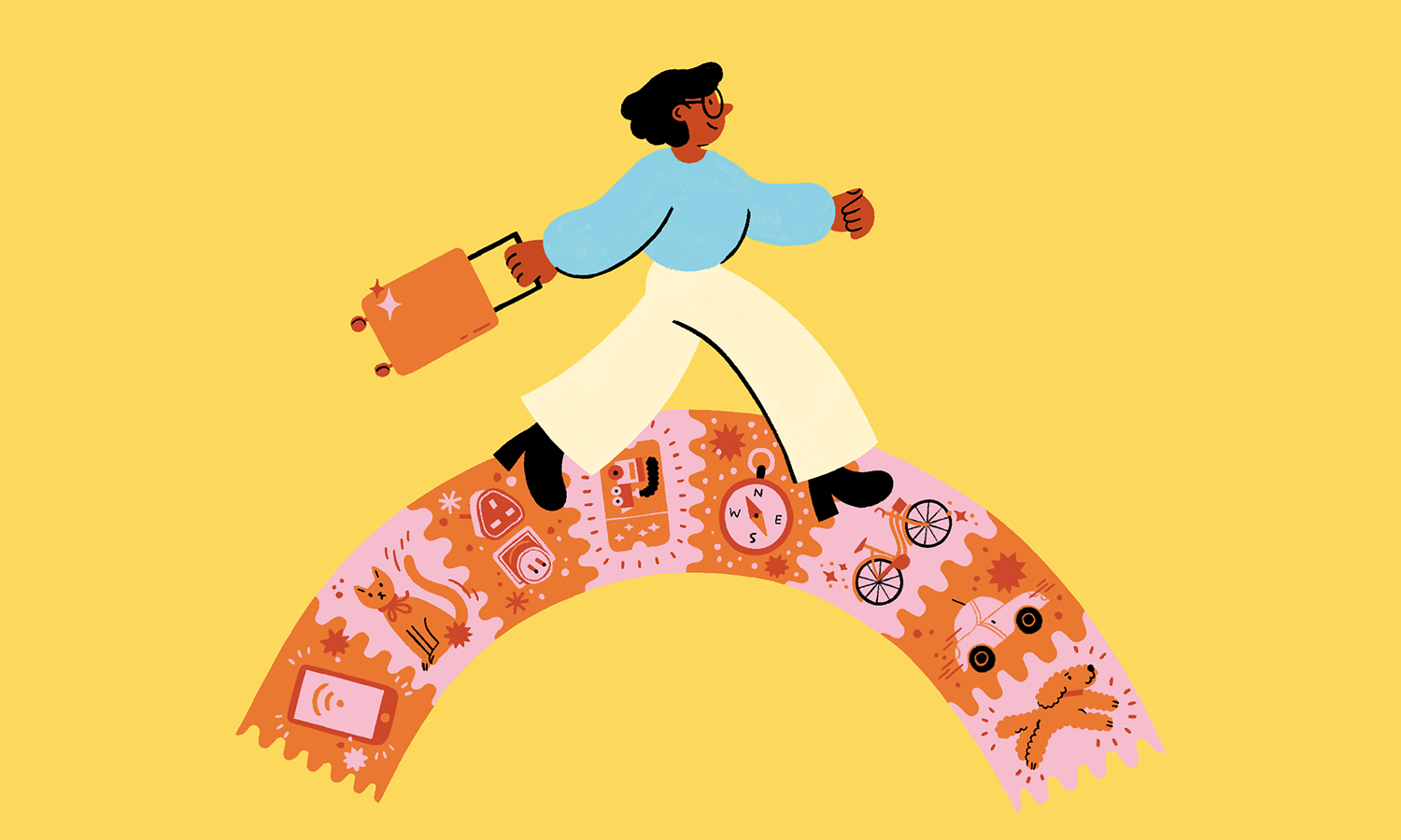 Editorial illustration of a person with a suitcase crossing a bridge made out of coupons.